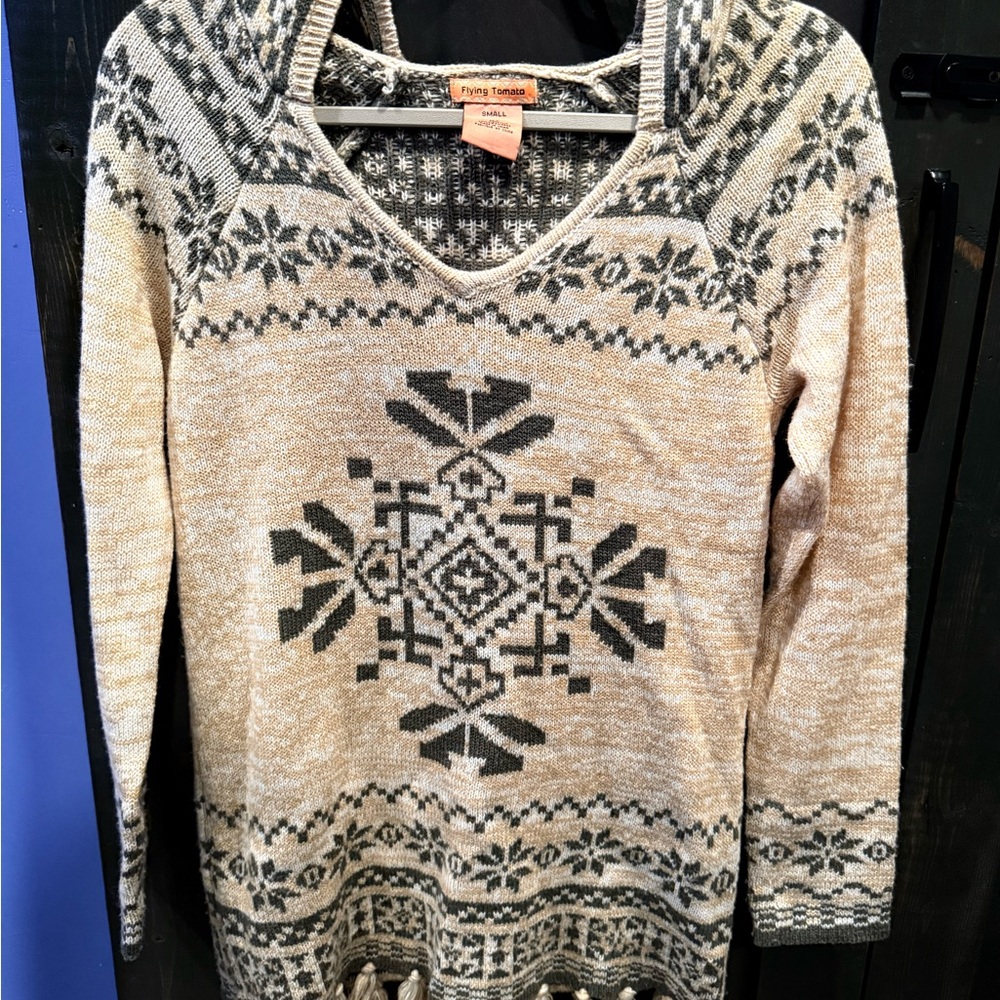 Flying Tomato Cream and Gray Nordic Hooded Sweater